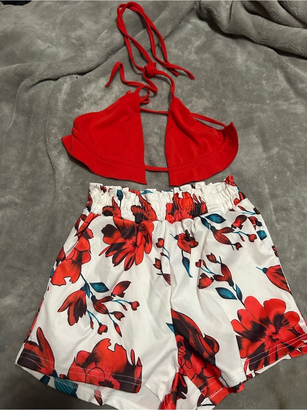 Red Bikini Top and Floral Shorts and Jacket